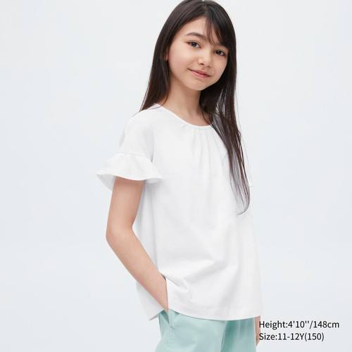 Хлопчатобумажная футболка с оборками для девочек AIRism Белого цвета