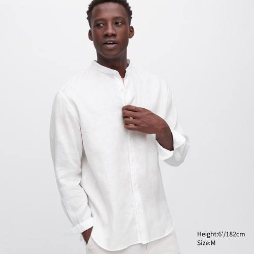 Рубашка обычного покроя из 100% льна премиум-класса (Дедушкин воротник) Белого цвета