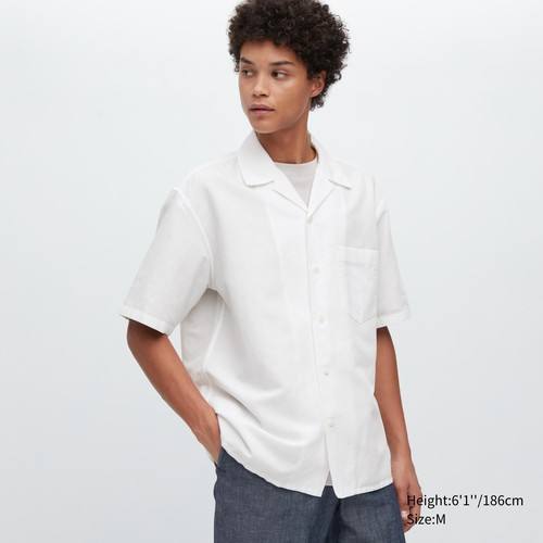 Рубашка из льняной смеси с короткими рукавами (открытый воротник) Белого цвета