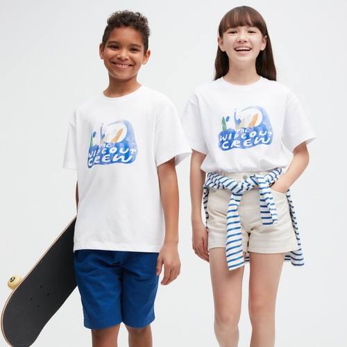 ДЕТСКАЯ хлопчатобумажная футболка с графическим рисунком AIRism с короткими рукавами Белоснежный