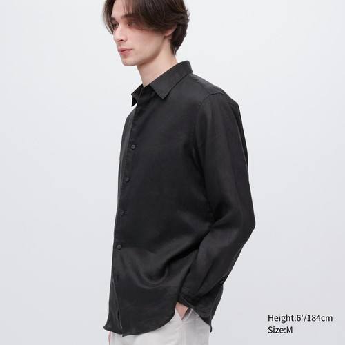 100% Льняная рубашка премиум-класса Regular Fit (обычный воротник) Черный