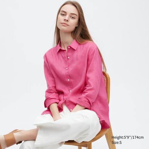 Рубашка из 100% льна премиум-класса Розовая