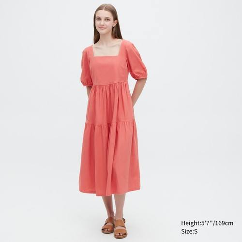 Платье с объемными рукавами из льняной смеси с гофрированием Розовая