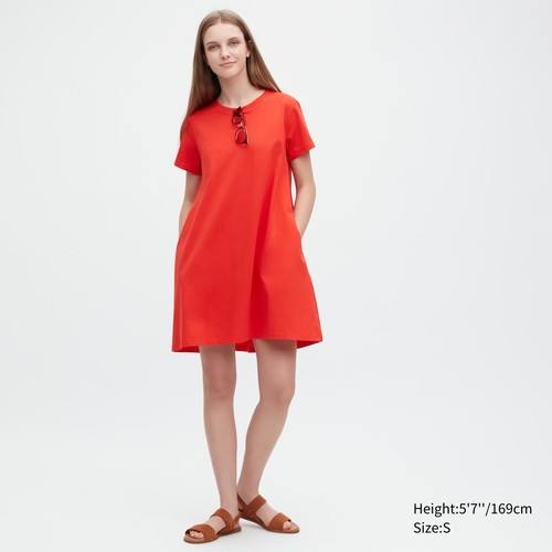 Мини-платье из мерсеризованного хлопка с короткими рукавами Красная