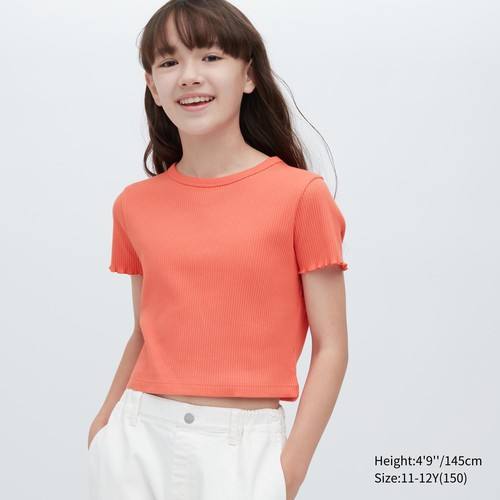 Укороченная футболка в рубчик для девочек Оранжевая