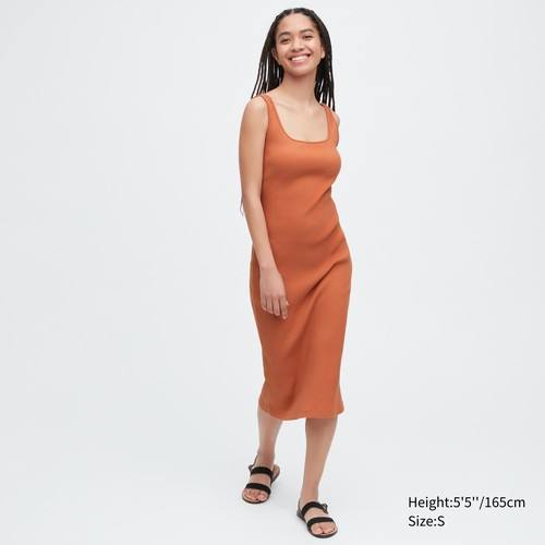 Платье без рукавов с квадратным вырезом в рубчик Оранжевая
