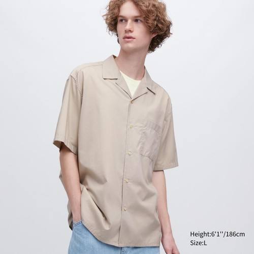 Повседневная рубашка из хлопчатобумажной смеси с короткими рукавами (открытый воротник) Бежевый