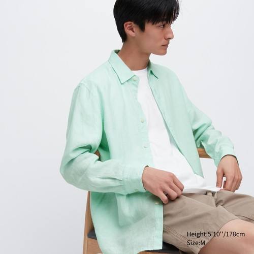 100% Льняная рубашка премиум-класса Regular Fit (обычный воротник) Светло-Зеленая
