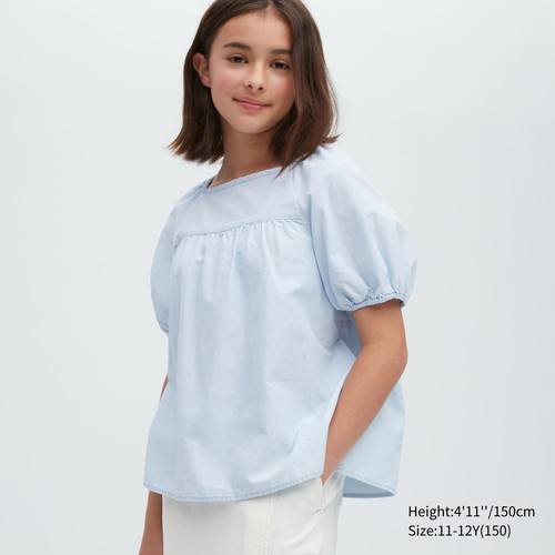 Блузка с присборкой из 100% хлопка шамбре для девочек Синяя