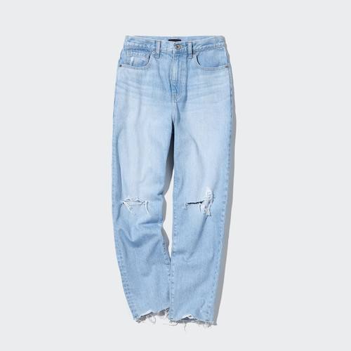 Потертые джинсы с высокой посадкой на пегом топе Синяя