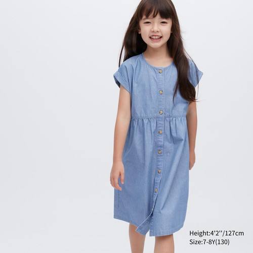 Платье из шамбре с короткими рукавами для девочек Синяя