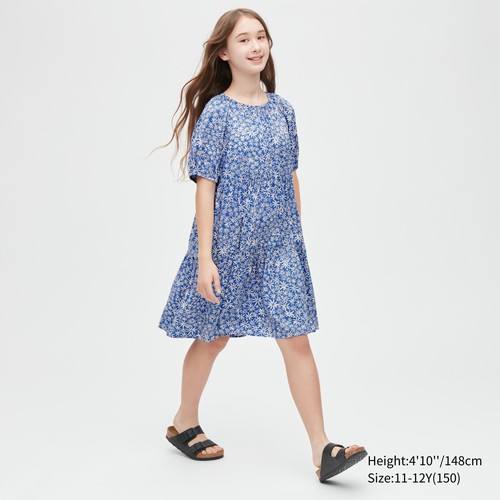 Платье с короткими рукавами из вискозы с цветочным принтом для девочек Синяя