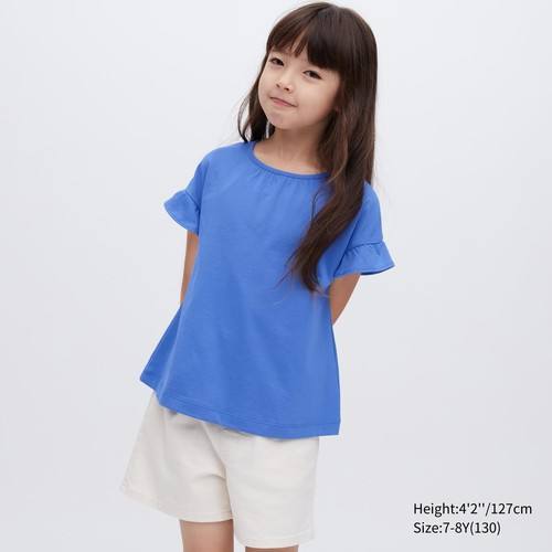 Хлопчатобумажная футболка с оборками для девочек AIRism Синяя