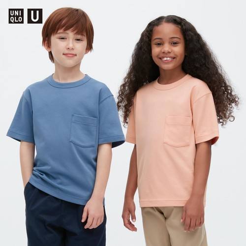 Детская хлопчатобумажная футболка с круглым вырезом и короткими рукавами Uniqlo U AIRism Синяя
