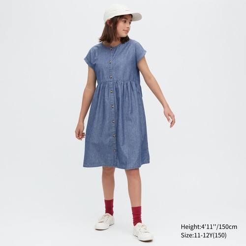 Платье из шамбре с короткими рукавами для девочек Синяя