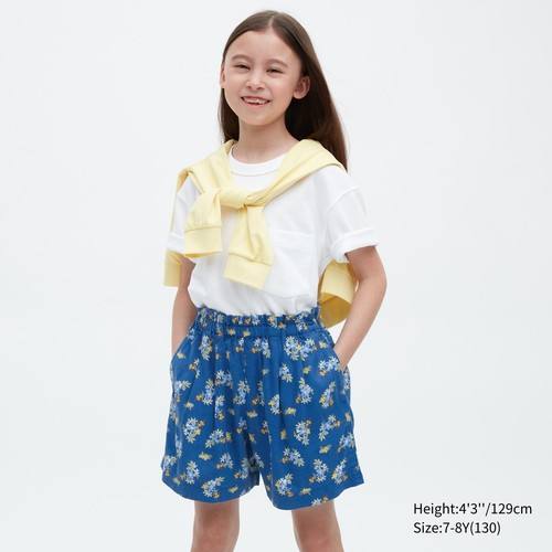 Легкие шорты из льняной смеси с цветочным принтом для девочек Синяя