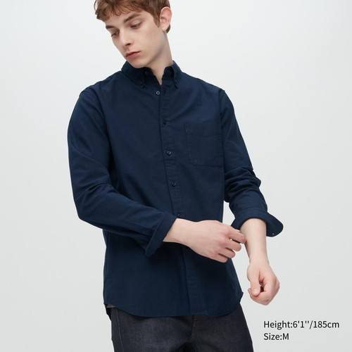Приталенная Оксфордская рубашка (Воротник на пуговицах) Темно-синего цвета