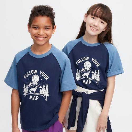 Детская хлопчатобумажная футболка с графическим рисунком AIRism с короткими рукавами Темно-синего цвета