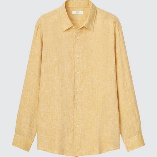 100% Льняная рубашка премиум-класса Regular Fit (обычный воротник) Желтая