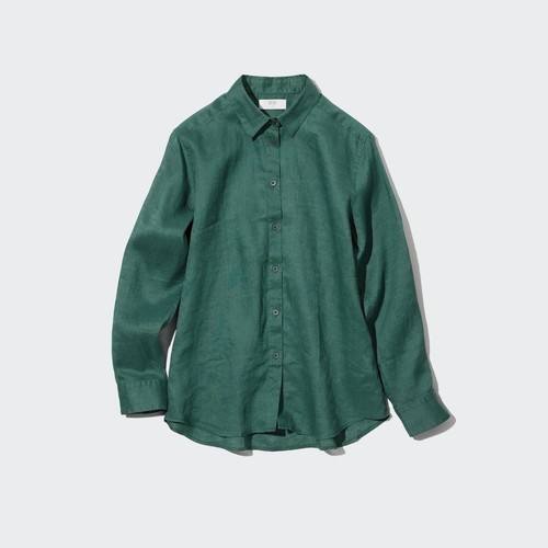 Рубашка с длинными рукавами из 100% льна премиум-класса Зеленая