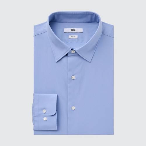 Легкая в Уходе Рубашка из хлопчатобумажной ткани Стрейч Slim Fit (Обычный Воротник) Синяя