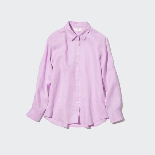 Рубашка с длинными рукавами из 100% льна премиум-класса Светло-Фиолетовая